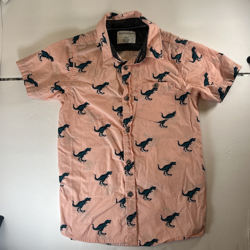 Dinosaur Button-Down Shirt Boys Short‎ Sleeve Collared Shirt Size 7-Distortion